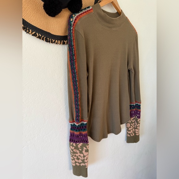 Free People Olive Green Switch It Up Crochet Trim Long Sleeve Thermal Top Large - Picture 13 of 16